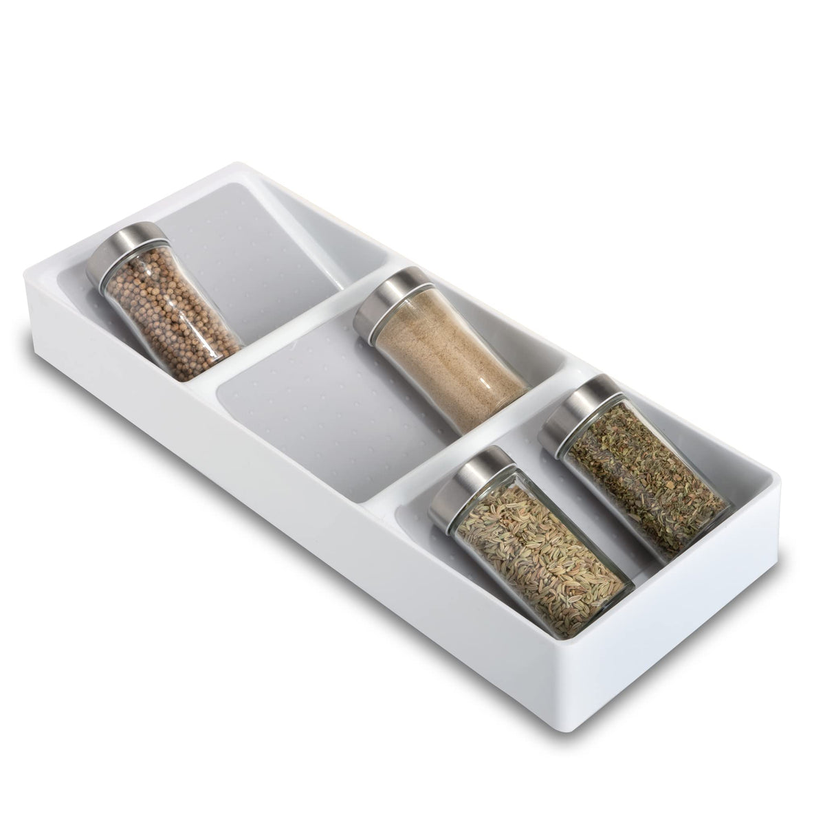 Smart Design 3 Section Plastic Spice Rack Drawer - Non-Slip Lining and Feet - BPA Free - Seasoning Jars Makeup Storage Countertop Bottle Tray 3 Tier - Pantry Kitchen Organizer - White with Gray