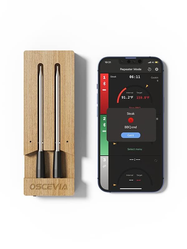 Smart Meat Thermometer OSCEVIA 2-Probe Bluetooth Food Thermometer with Smart Alert 262ft Wireless Range IP67 Waterproof Magnetic Design for BBQ Kitchen Air Fryer Garden Oven Grill Rotisserie