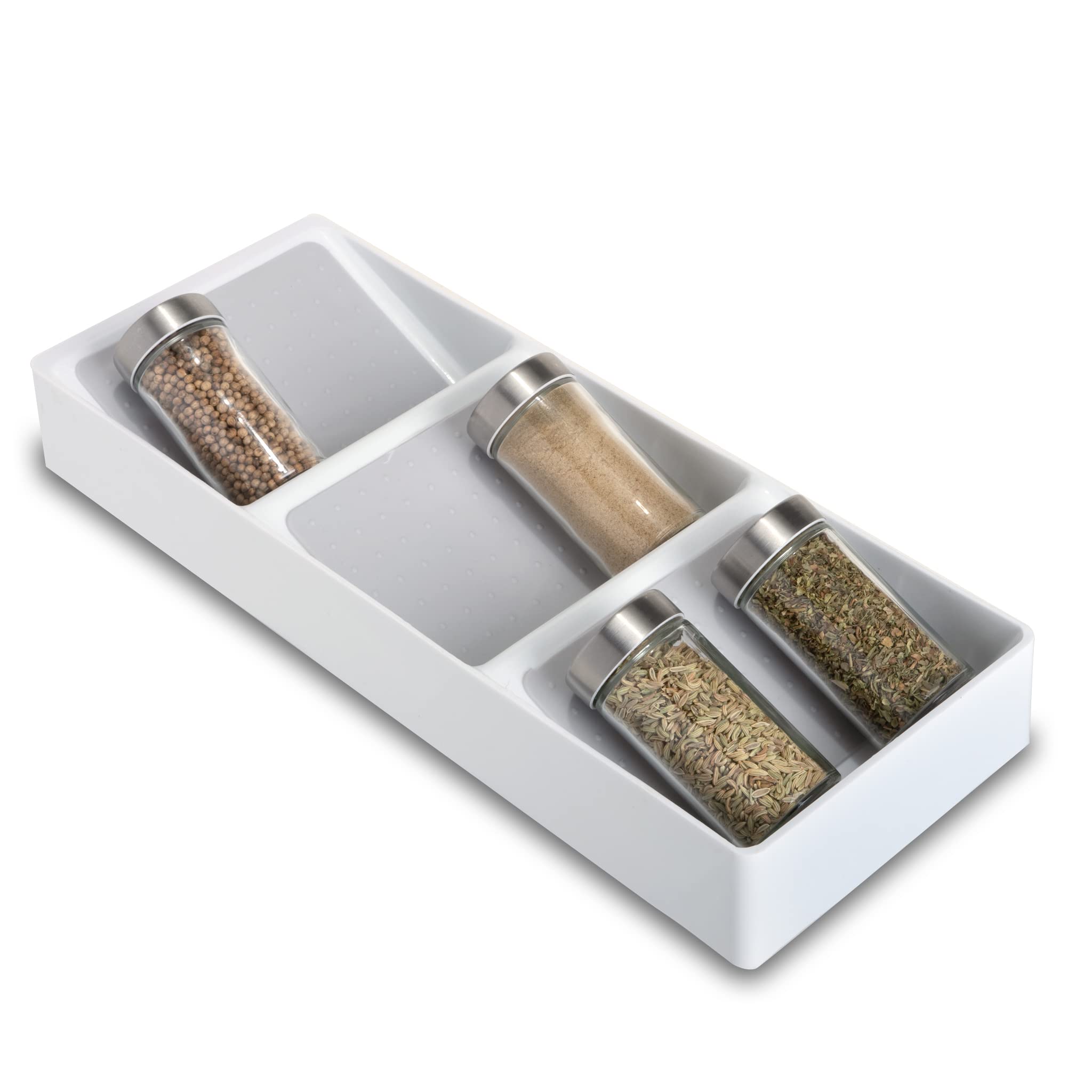 Smart Design 3 Section Plastic Spice Rack Drawer - Non-Slip Lining and Feet - BPA Free - Seasoning Jars Makeup Storage Countertop Bottle Tray 3 Tier - Pantry Kitchen Organizer - White with Gray